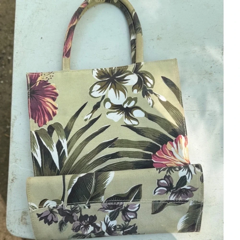 Sunny‎ Hawaii Tropical Floral Hibiscus Canvas Tote Handbag Tan Green Pink